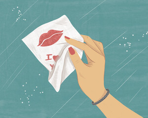 Illustration of a hand holding a tissue with a lipstick kiss and love message