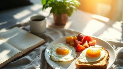 A cozy breakfast scene featuring two sunny-side-up eggs on toast, fresh fruit, and a cup of coffee. A book lies open nearby, suggesting a relaxed morning before school. - Powered by Adobe