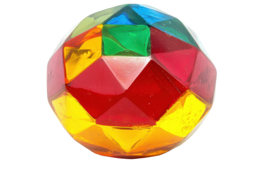 A multifaceted sphere, crafted from translucent colored glass, displays a vibrant array of hues and geometric facets.  The interplay of light and color creates a captivating visual effect