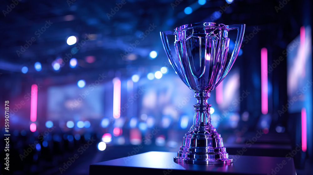Poster close up of a trophy on a table in a room with blue and pink lights in the background event setting