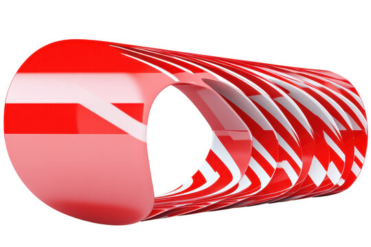 A 3D rendering of a series of red cylindrical shapes with a white diagonal striped pattern, creating an illusion of depth and perspective.  