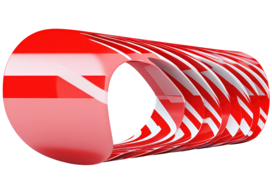 A 3D rendering of a series of red cylindrical shapes with a white diagonal striped pattern, creating an illusion of depth and perspective.  