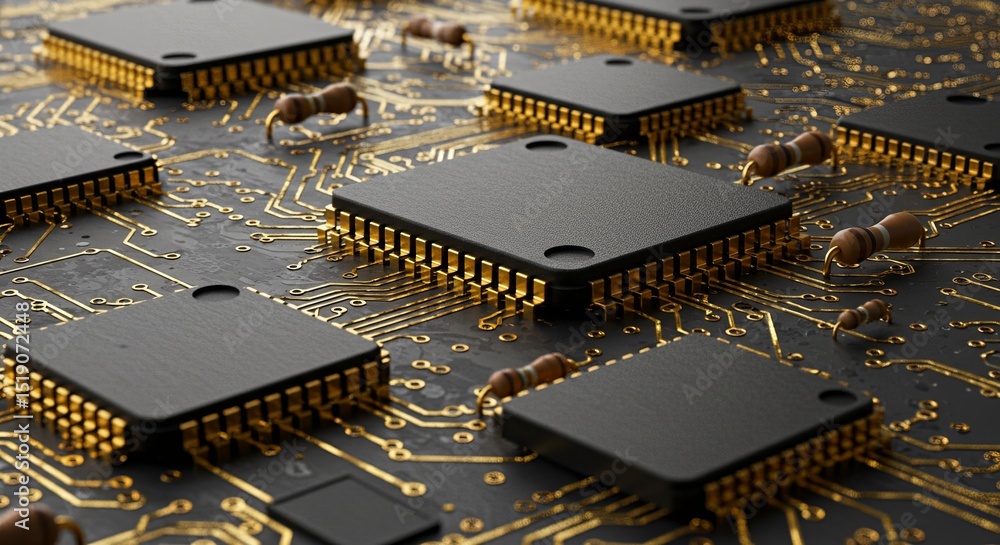 Poster a close up of a computer chip with gold colored wires