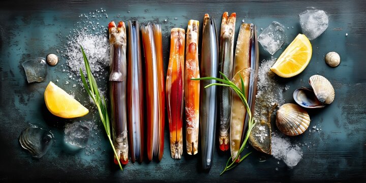 Fresh razor clams on ice with lemon wedges, herbs, and sea shell garnish