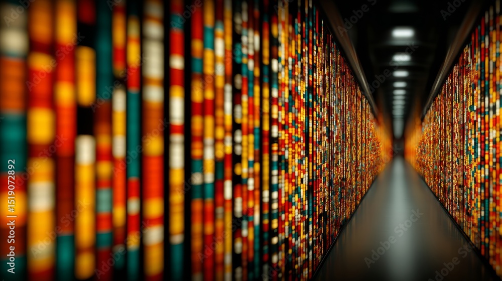 Poster data corridor: an artistic view of a data center or server room's colorful and organized structure, 