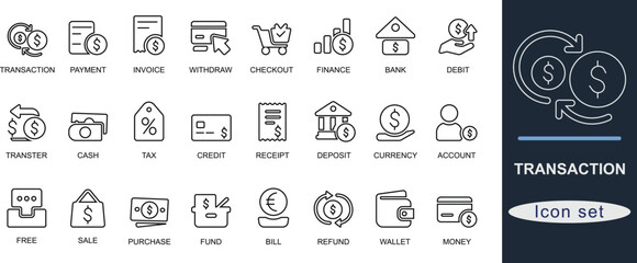Line art transaction icon set with wallet, payment, invoice, refund, credit, debit, receipt, balance, and currency. Ideal for fintech, banking, and UI design.