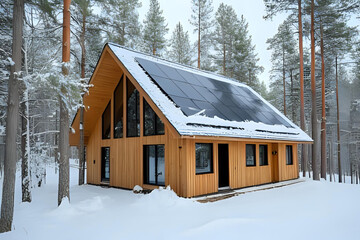 Winter-ready eco home combining traditional design with sustainable technology - A Scandinavian wooden cabin in a snowy forest with black solar panels on the roof