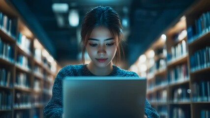 Asian Woman Using Laptop with Digital Network Overlay in Library Study Environment - Powered by Adobe