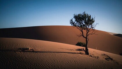 Lone Tree Silhouette On Sand Dune Under Clear Blue Sky In Desert Landscape