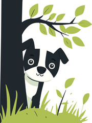 Flat Vector Illustration of Black and White Dog in Green Vines