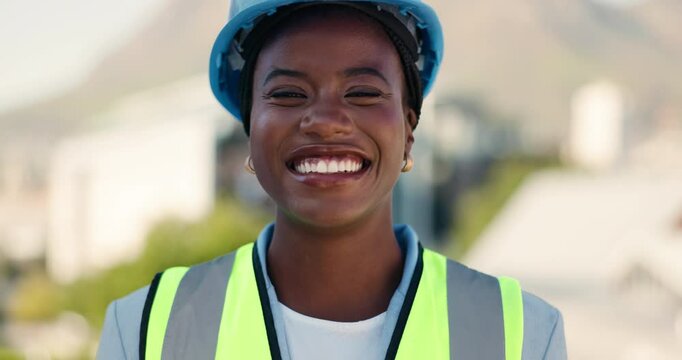 Face, black woman or happy contractor on site for renovation, engineering or project management. Hardhat, greet or proud architect in construction job for city development with confidence or safety