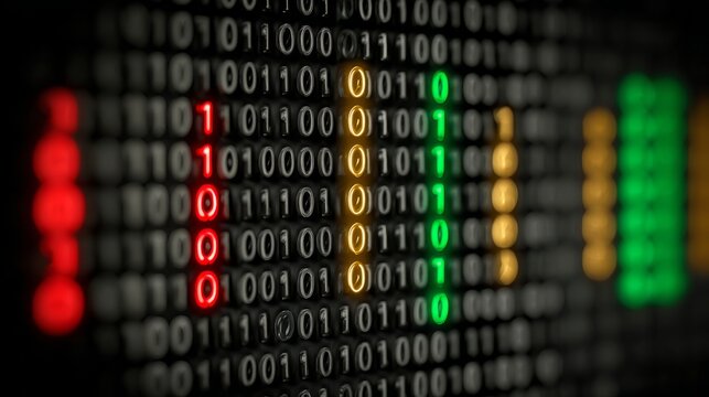 Binary Code Data Stream: An abstract representation of data processing, with a matrix of binary code numbers illuminated with dynamic colors