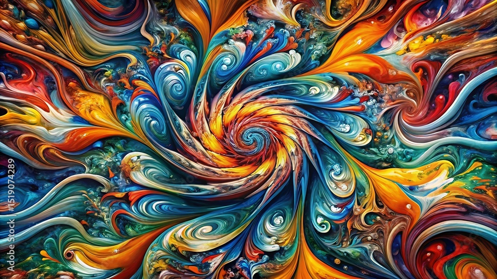 Aufkleber a vibrant abstract painting features swirling patterns of blue orange and yellow creating a dynamic 