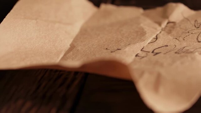 Close-up shot of a crumpled old paper sheet with an illustration on a wooden background
