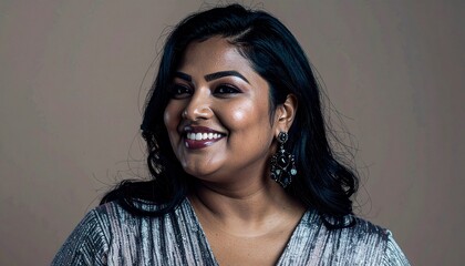 Confident Plus-Size Woman in Chic Wrap Dress with Statement Earrings, Studio Portrait