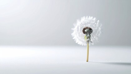 Macro Photograph Of A Single Frost Covered Dandelion Seed Floating In Mid Air With Soft White Background