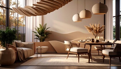 Elegant Dining Room Interior With Wooden Table and Natural Light Featuring Plants and Cozy Arrangement