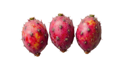Three prickly pear fruits, vibrant red with yellow highlights,  top view