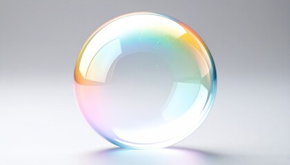 Macro Shot Of A Transparent Soap Bubble Showing Iridescent Colors And Light Reflections Against A Soft Gradient Background
