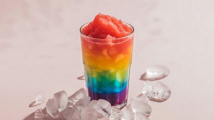 Colorful rainbow slushie drink in a glass with ice cubes on a pastel background