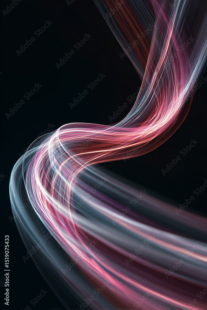 Poster abstract light painting with flowing pink and white lines on a dark black background creating a wave