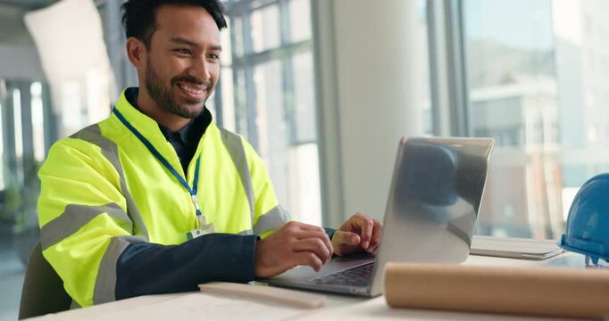 Man, laptop and contractor for blueprint with planning, architecture and tech for building specs. Construction, renovation or maintenance with online check for design or smile for engineering