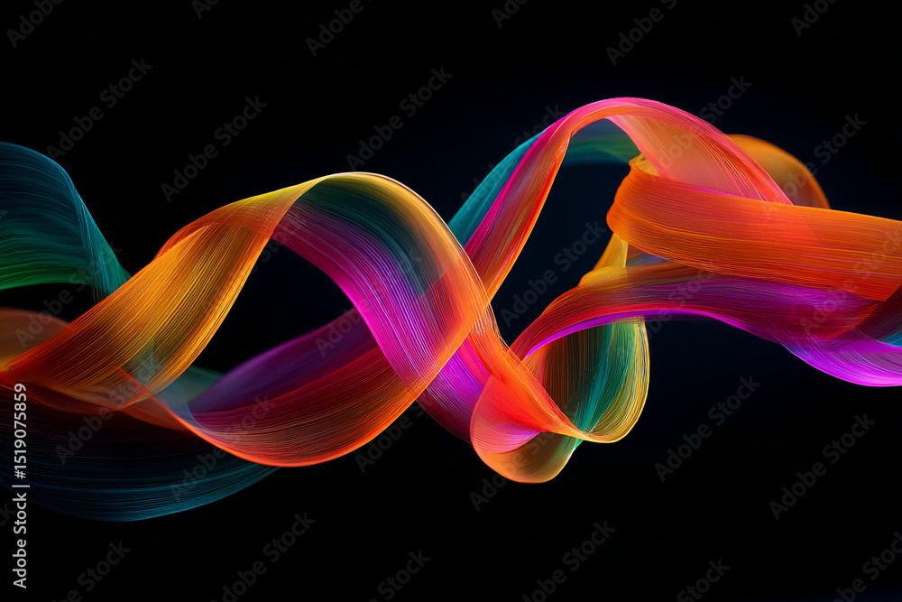 Poster a vibrant ribbon flowing with multicolored hues against a stark black background creating a dynamic 