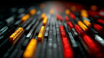 Data Stream: An eye-level shot presents a close-up of data streams, highlighting numerical information and the interconnectedness of technology, offering a dynamic visual for various applications.