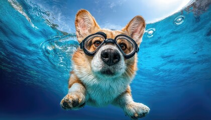 Obraz premium Playful Pup in Aquatic Adventure Adorable Corgi Swims under the Waters Surface Wearing Colorful Swimming Goggles, Discovering a Vibrant Underwater World