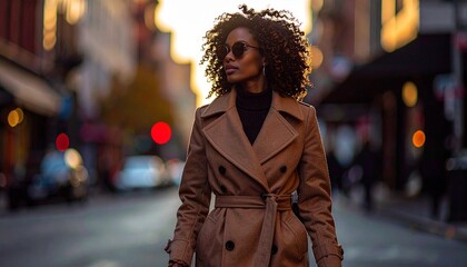Confident Woman in Beige Trench Coat Walking Urban Street at Golden Hour