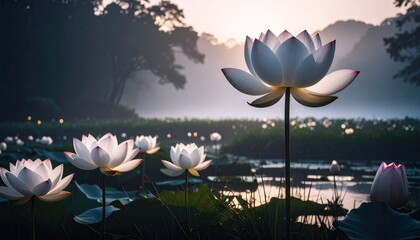 Enormous White Lotus Flowers In Misty Botanical Garden At Dawn With Backlighting