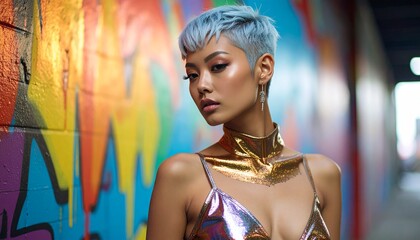 Asian Model in Avant-Garde Metallic Outfit with Exaggerated Shoulders, Dramatic Lighting