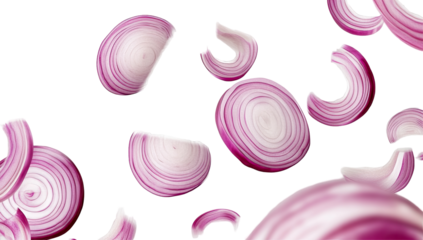 Sliced red onions in mid-air