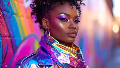 Fashion Portrait of Woman Wearing Bold Accessories and Vibrant Scarf with Artistic Backdrop