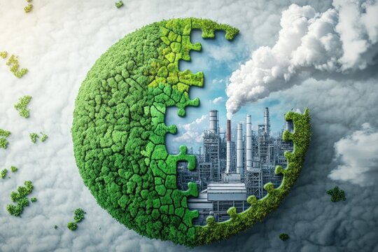 half-earth puzzle showing green nature vs smoky factories, ecology vs pollution concept