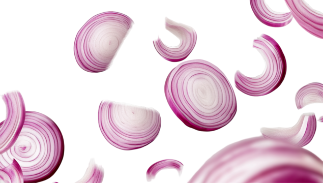 Sliced red onions in mid-air