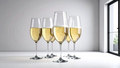 Five Champagne Glasses Filled with Sparkling Gold Liquid in a Light White Background