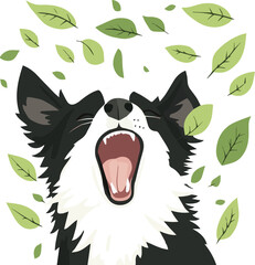 Flat Vector Illustration of Black and White Dog in Green Vines