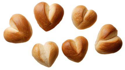 Six Golden Brown Heart-Shaped Bread Rolls on Transparent Background, PNG