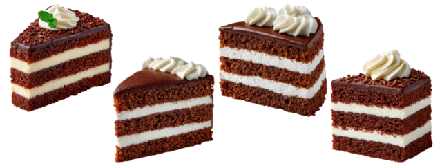 Chocolate cream cake slice set, isolated on transparent background