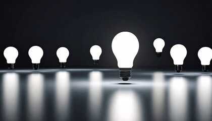 Floating Illuminated Light Bulbs in a Dark Reflective Space Representing Innovative Concepts