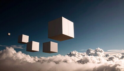 Floating Cuboid Structures In A Surreal Sky Above Clouds A Dreamlike Architectural Composition