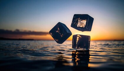 Floating Ice Cubes in a Warm Sunset Reflecting on Water Surface with Atmospheric Lighting