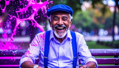 Stylish Elderly Man in Vintage Outfit with Suspenders and Cap Sitting on Bench Outdoors
