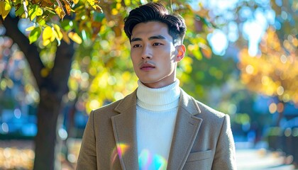 Stylish Young Man in Camel Coat and White Turtleneck Walking Through Leafy Autumn Park