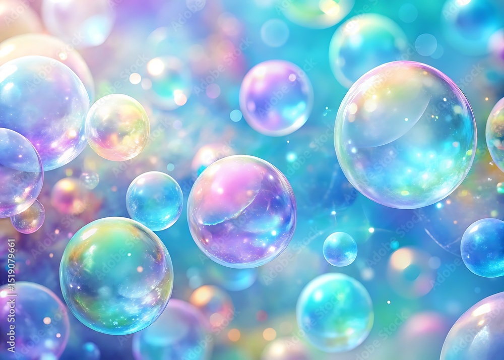 Poster colorful iridescent bubbles float in a dreamy abstract design with rainbow light and glossy texture