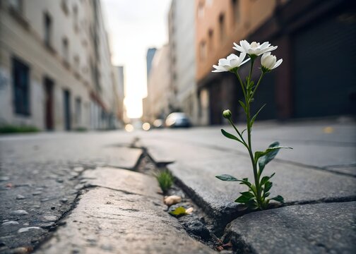 Fototapeta A resilient flower blossoms through a crack in the city pavement, symbolizing strength and perseverance amidst urban challenges.