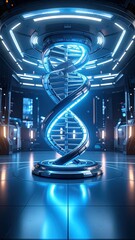 Futuristic Metallic DNA Helix With Glowing Neon Blue Lights In Science Fiction Environment