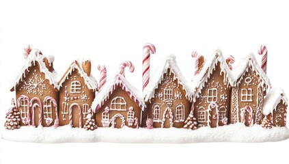 Obraz premium A white background with a row of gingerbread houses decorated with white and pink candy canes.