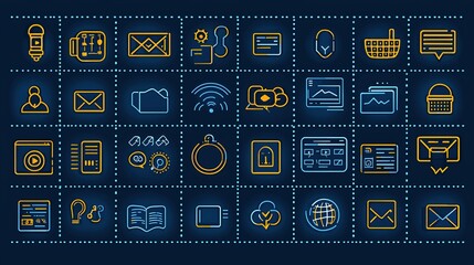 Naklejka premium Set of 200 Media and Web icons in line style. Data analytics, Digital marketing, Management, Message, Phone. Vector illustration 